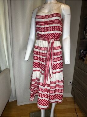 Red & White Striped Tribal Maxi Dress with Tie Waist